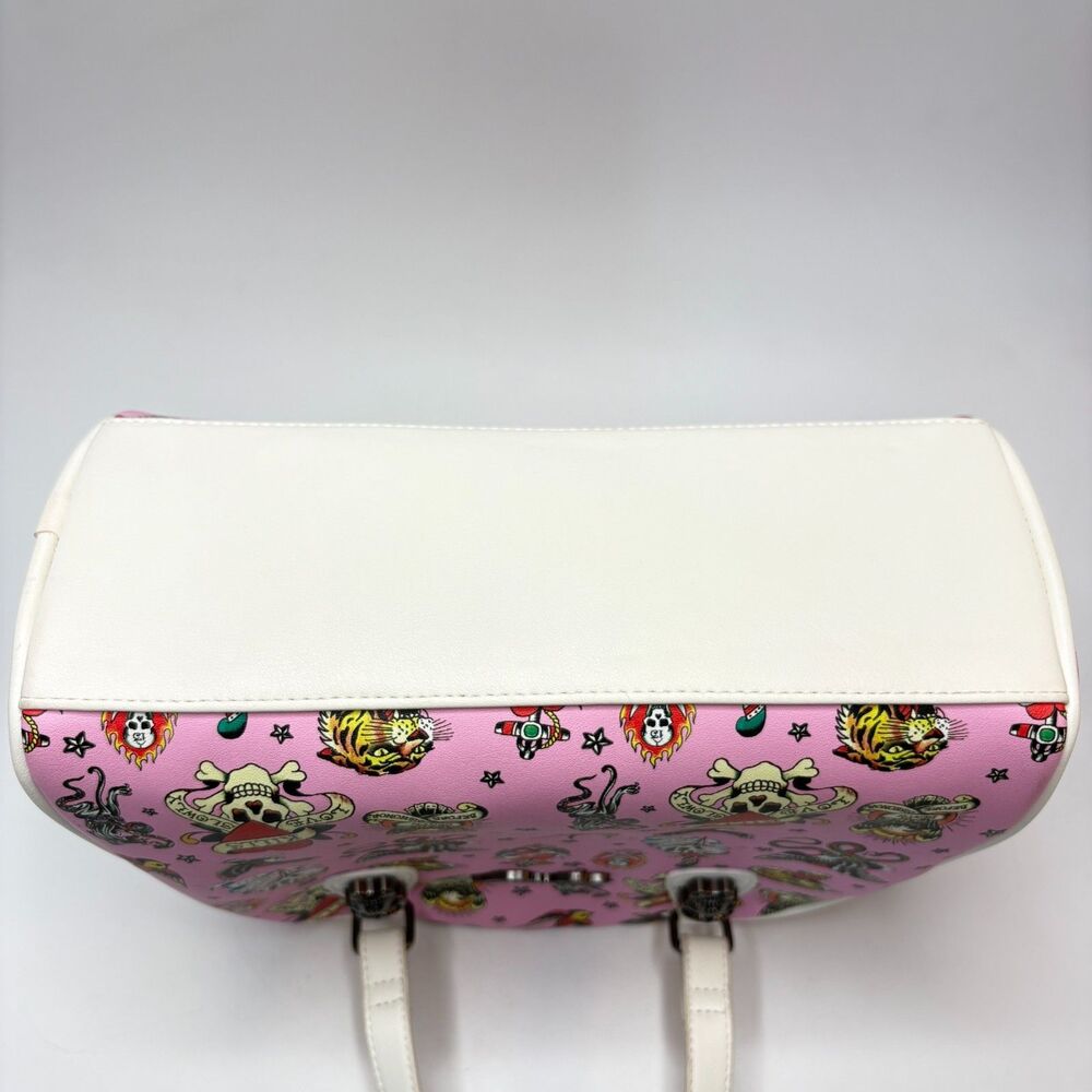 ED HARDY Tattoo Hearts Skull Womens Pink/White Mini Bowler Bag Purse - Picture 4 of 9